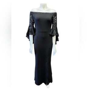 Vfshow NWT Maxi Dress Drop Shoulder Longsleeve Flutter Black Size Medium